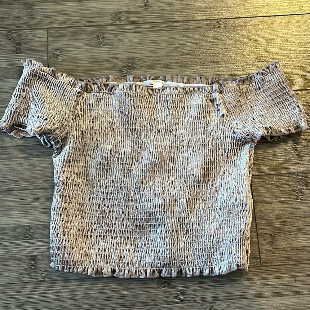 White fawn stretch velvet off the shoulder crop top